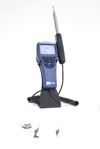 The VelociCalcÂ® 9545 model is a telescopic straight probe meter designed for optimizing HVAC system performance, commissioning, plant maintenance, critical environment certification, and duct traverses. It measures and logs several ventilation parameters using a single probe with multiple sensors. The product includes an instrument with a telescopic straight probe, hard carrying case, 4 alkaline batteries, USB cable, LogDat2â„¢ Downloading Software, operation and service manual, calibration certificate, and features such as accurate air velocity measurement, humidity display, and data log.
